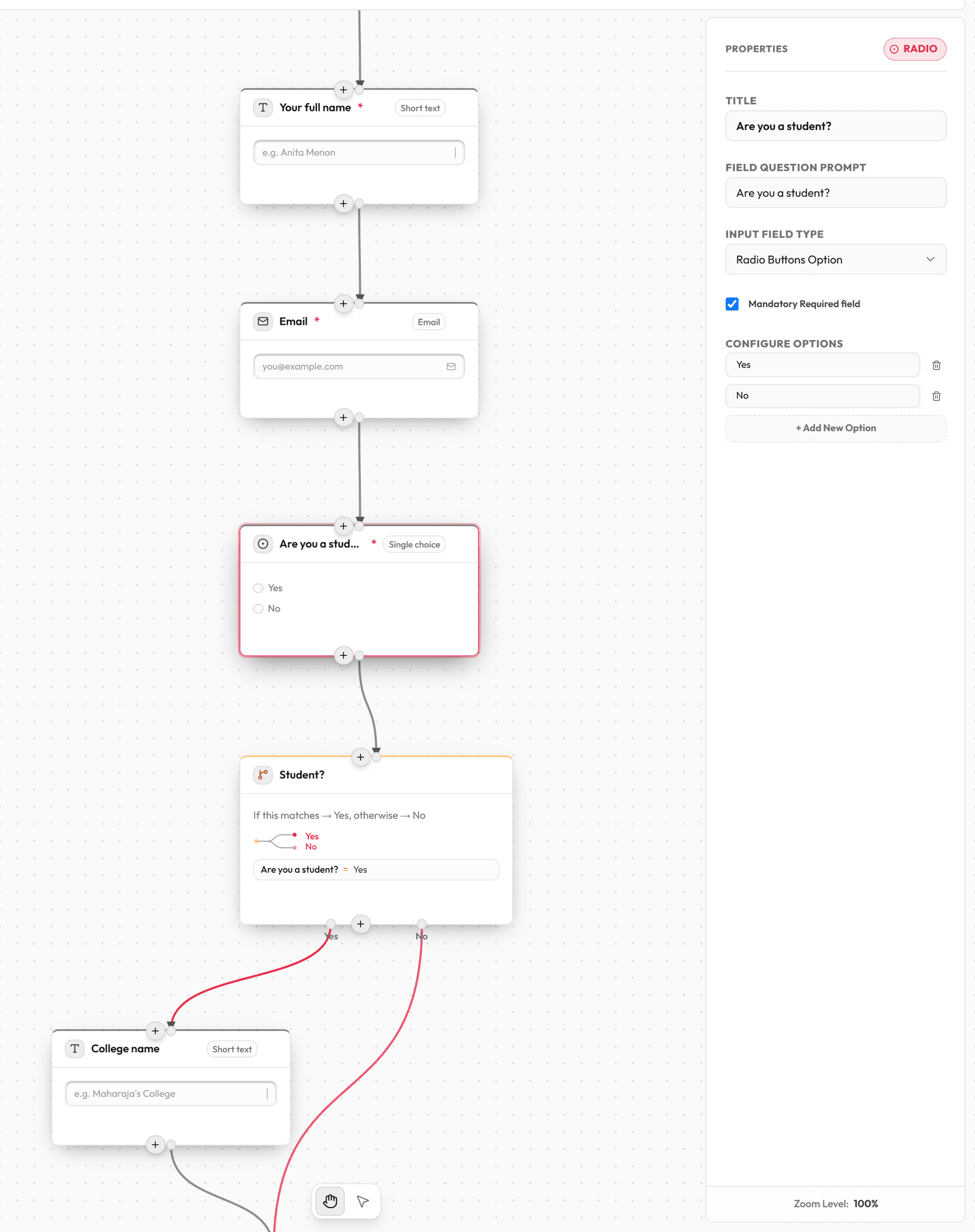A Question block selected on the editor board, with its question settings on the right.