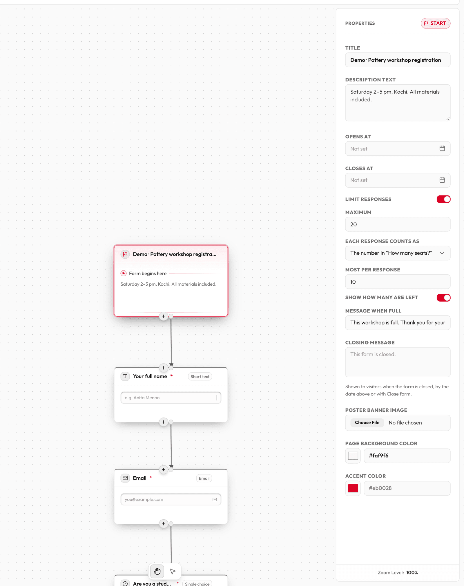The Start block selected on the editor board, with its title, colours and limits in the settings panel.