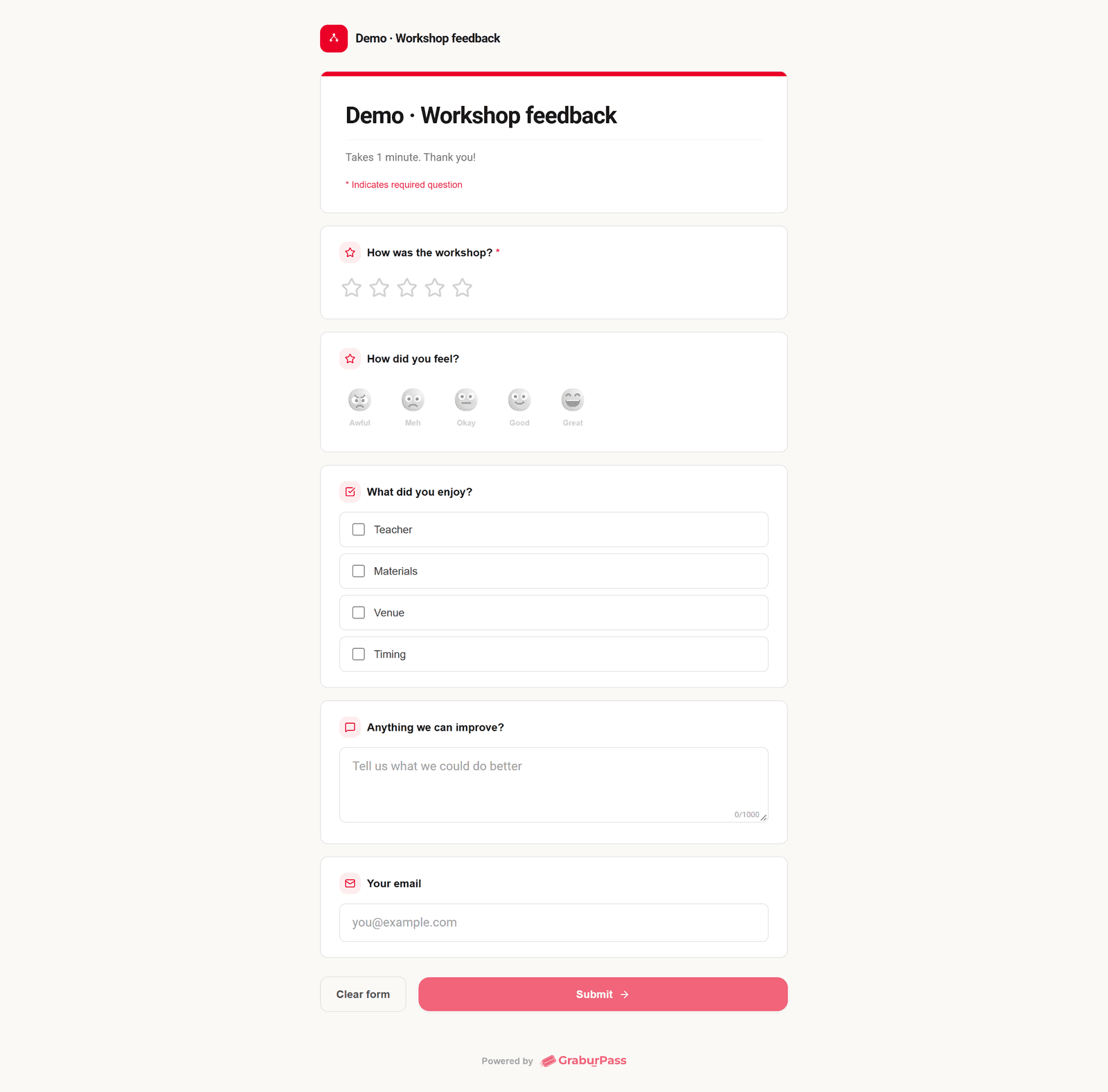 A public feedback form with a title, a required star-rating question, a checklist, a text box, an email field and a Submit button.
