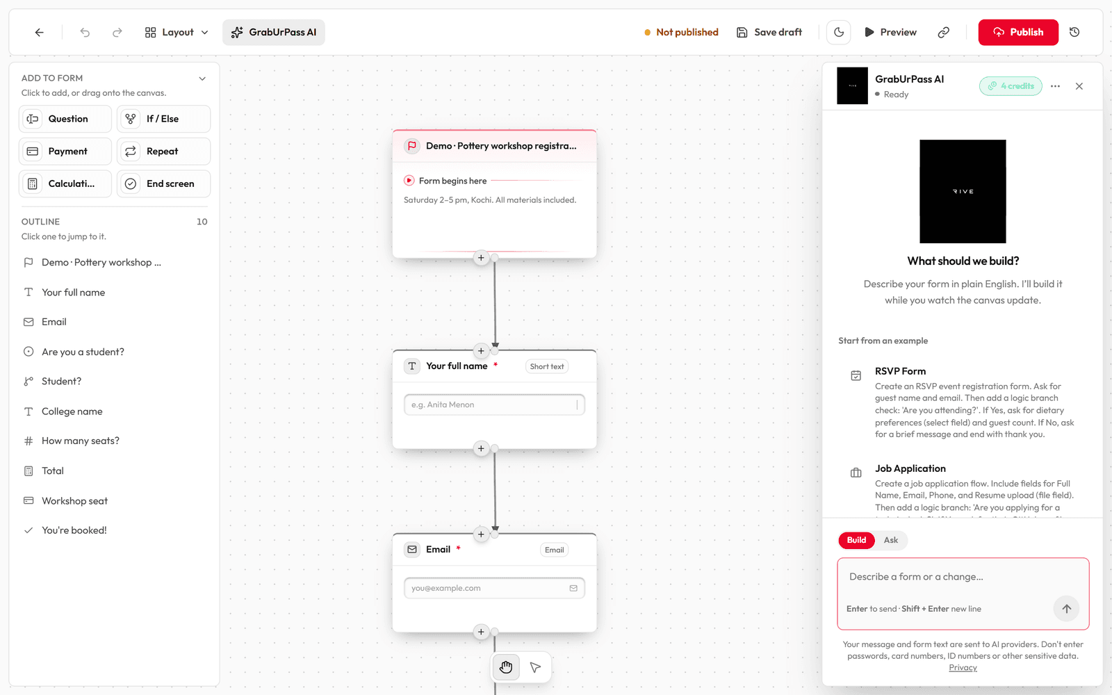 The GrabUrPass AI chat panel open beside the form board.