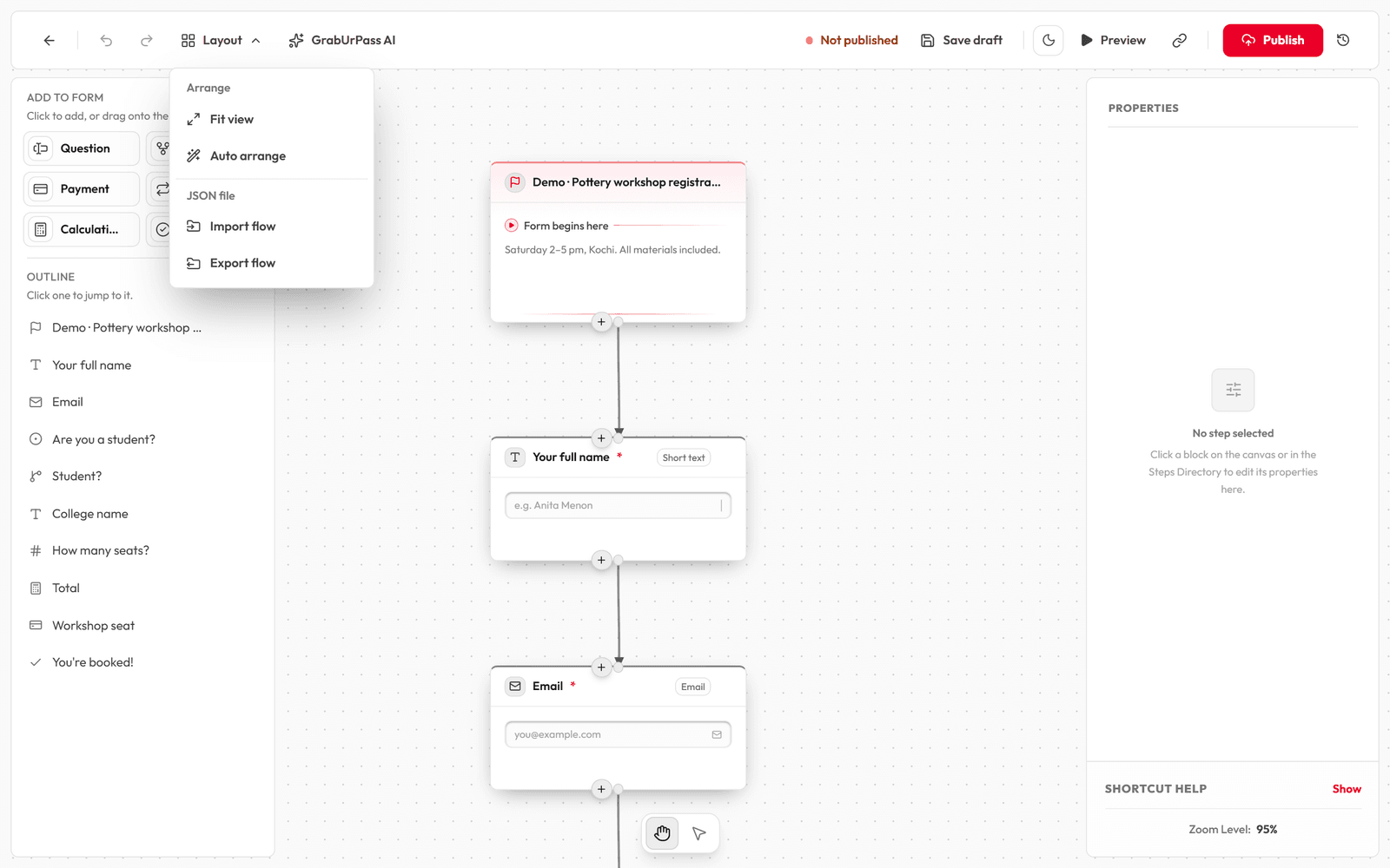 The editor with the Layout menu open, showing Fit view, Auto arrange, Import flow and Export flow.
