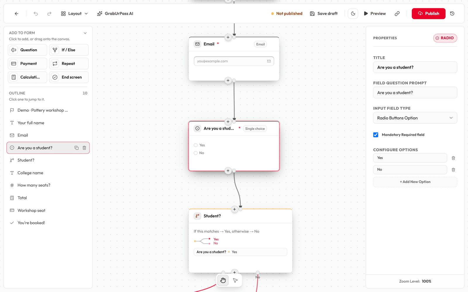 The editor with the Add to form palette on the left, the board in the middle and block settings on the right.
