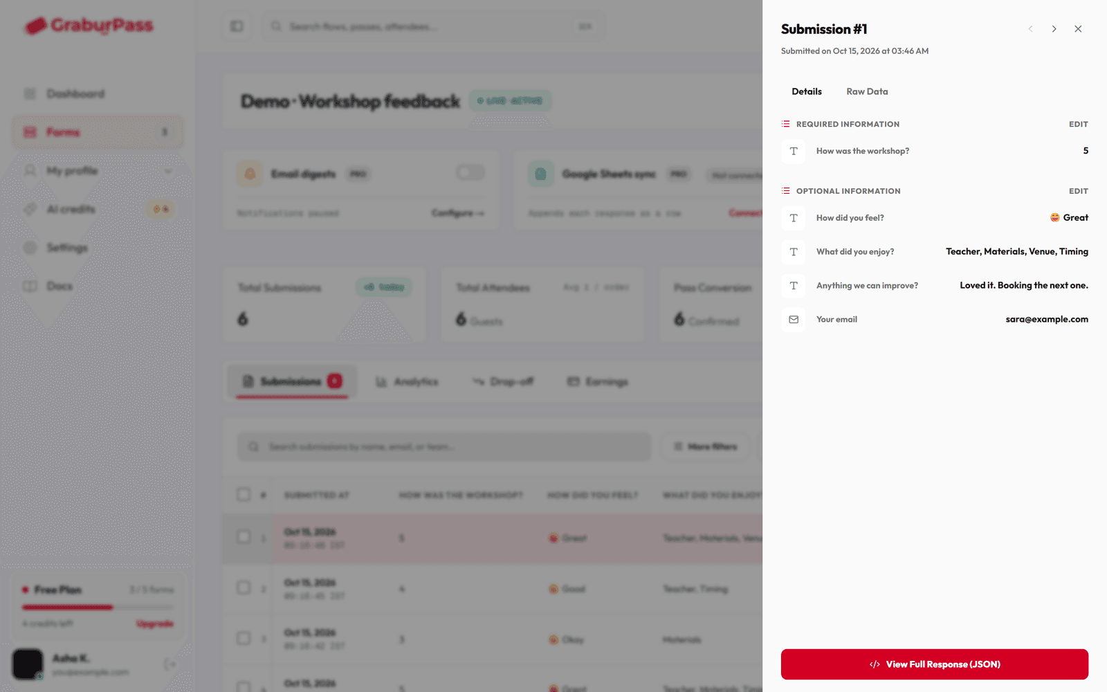 A submission opened in a panel on the right, showing each question with the answer given.