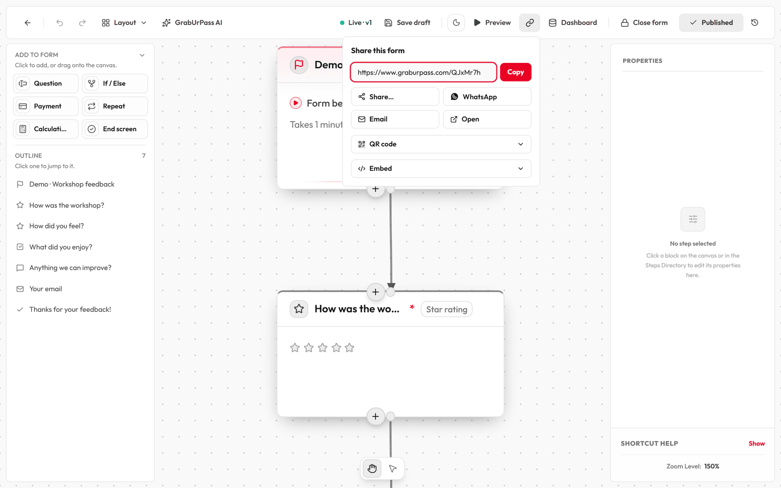 The Share this form panel with copy link, WhatsApp, email, QR code and embed options.